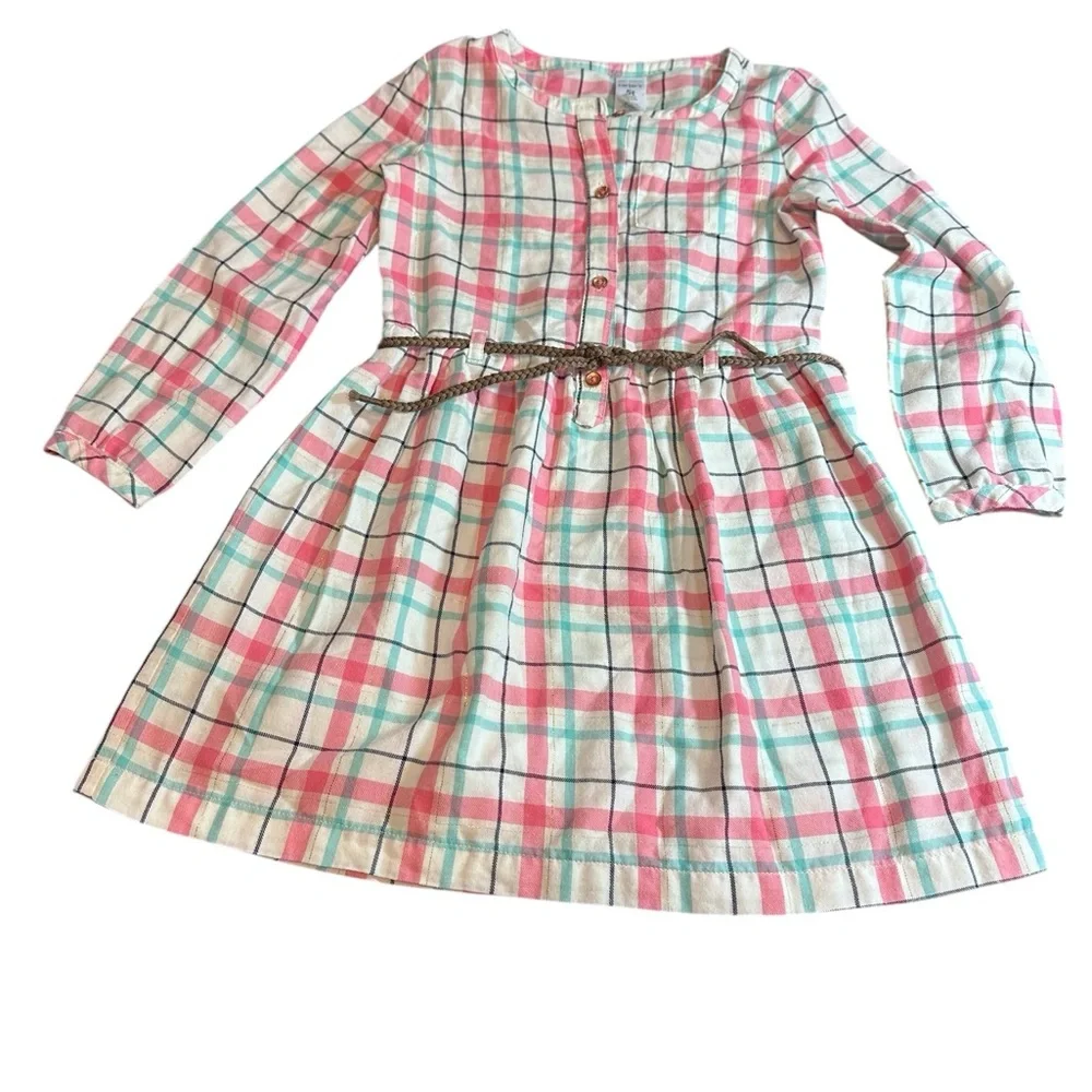 Carter’s Girls Plaid Long Sleeve Dress‎ Size 5T Pink Blue Belted